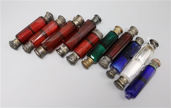 Ten 19th century double-ended coloured glass scent bottles